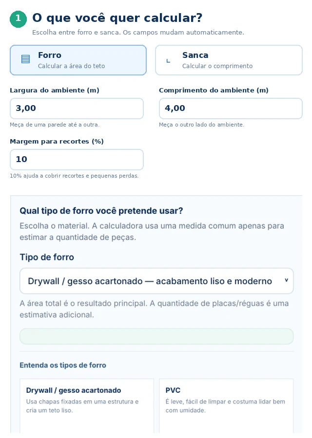 Tela da Calculadora de Forros e Sancas no modo Forro