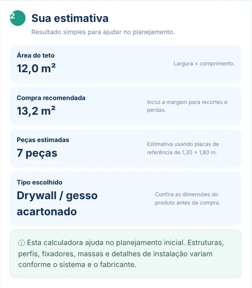 Resultado da Calculadora de Forros e Sancas no modo Forro