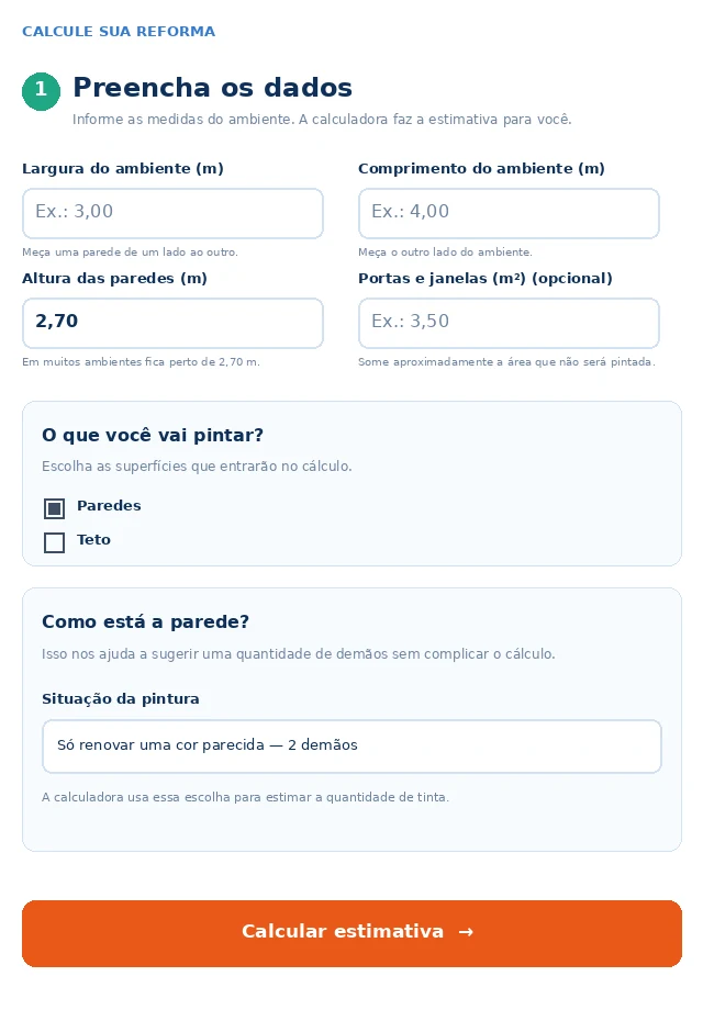 Tela da Calculadora de Pintura com os campos de largura, comprimento e altura