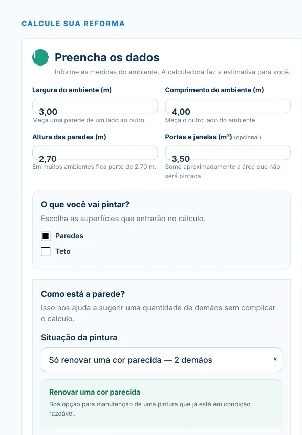 Resultado da Calculadora de Pintura mostrando área, demãos, litros e sugestão de embalagens