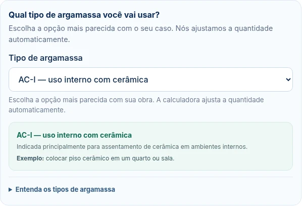 Seção da calculadora para escolher o tipo de argamassa