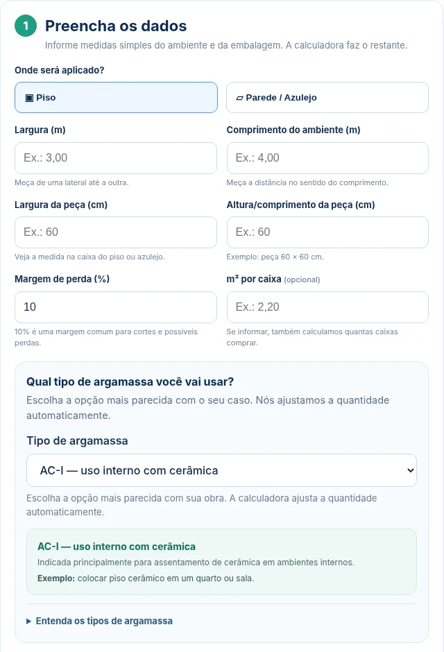 Tela da Calculadora de Piso e Azulejos mostrando os campos de medidas e materiais