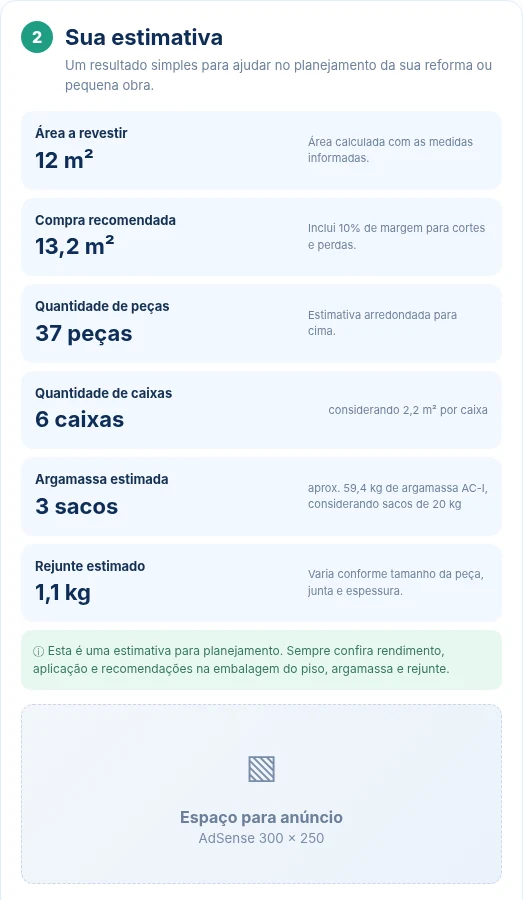 Resultado da Calculadora de Piso e Azulejos com área, compra recomendada, peças, caixas, argamassa e rejunte