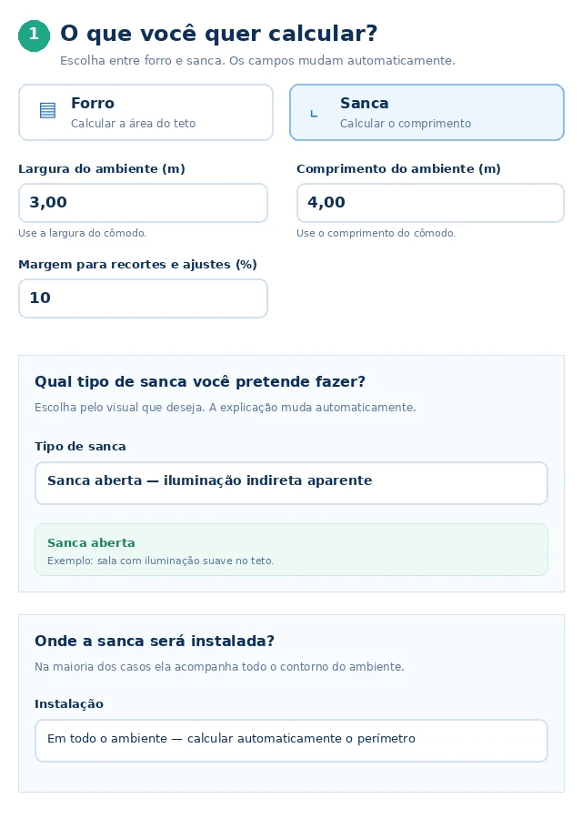 Tela da Calculadora de Forros e Sancas no modo Sanca