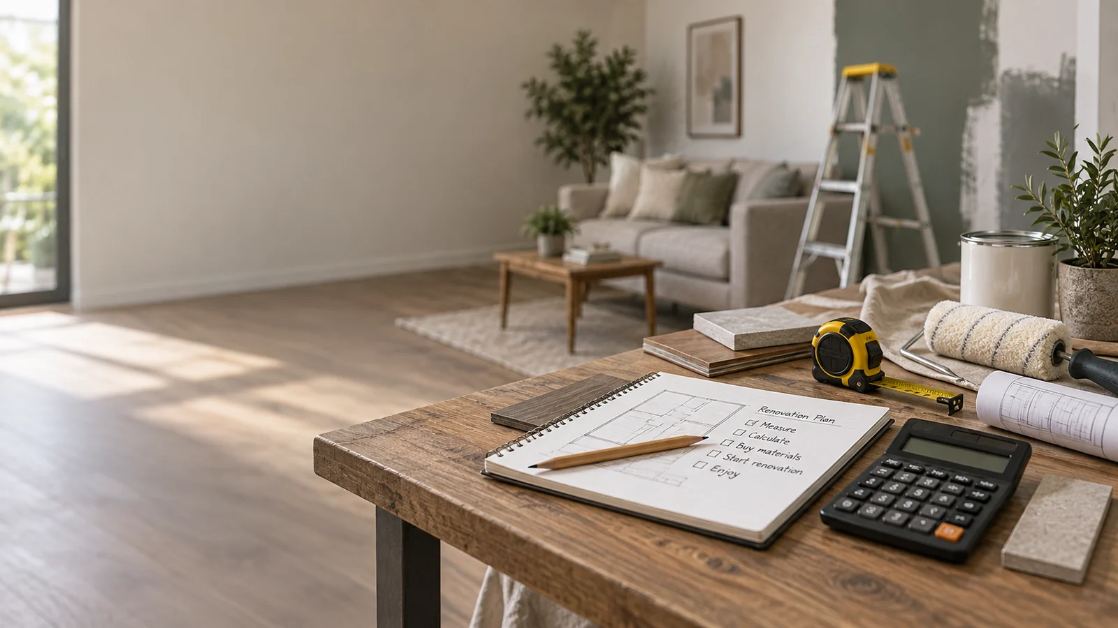 Mesa com planta da reforma, trena, calculadora e amostras de revestimento diante de uma sala em obra